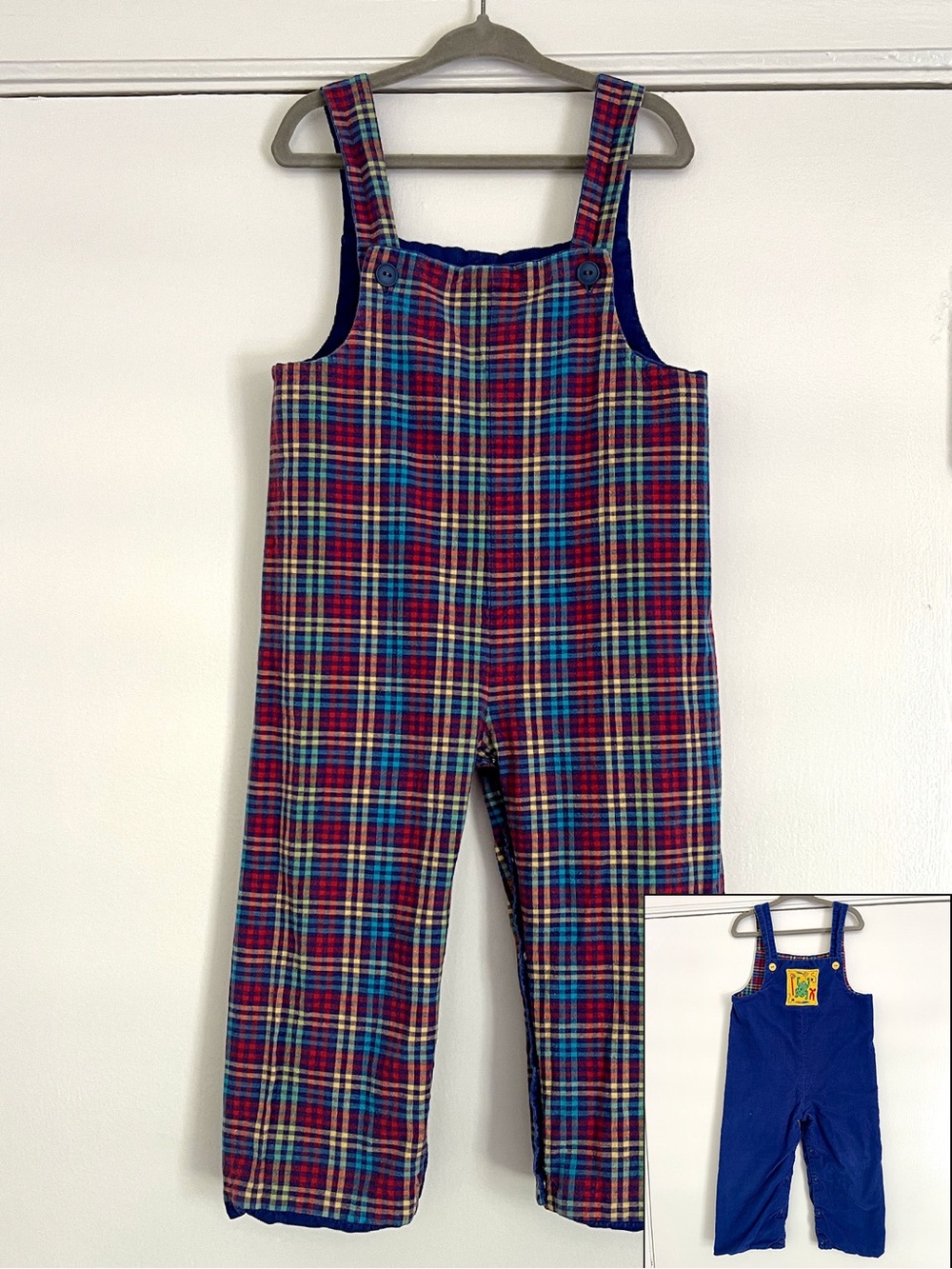 Vintage Reversible Jon Jon Overalls plaid corduroy, made in USA, 24 months
